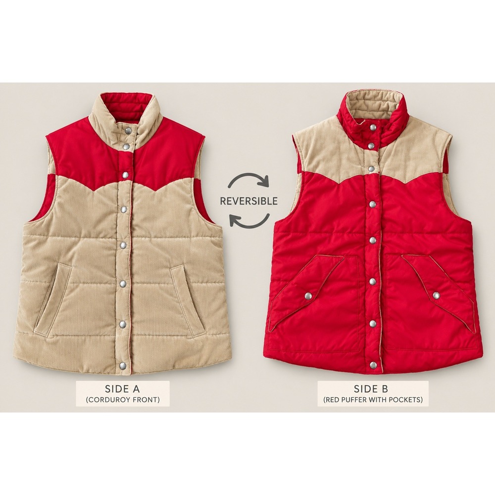 Vintage Y2K Roxy Puffer Vest Women S/M Red Tan Reversible Corduroy Western Yoke